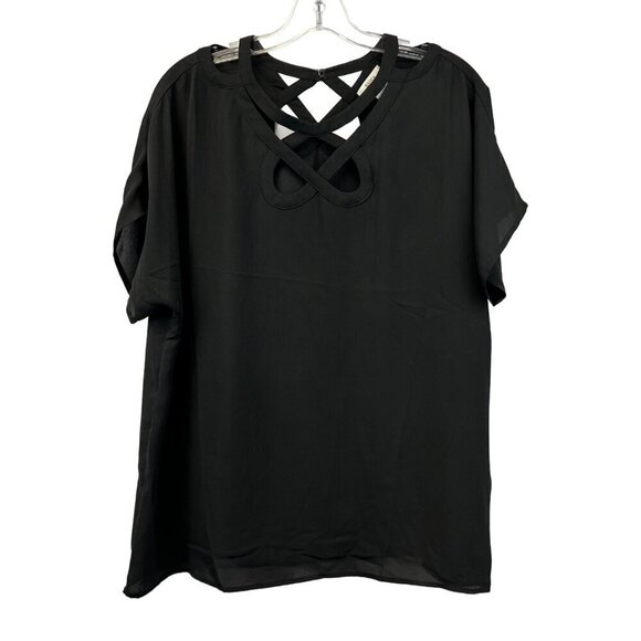 Esley Tops - Esley Semi Sheer Caged Neck Line Short Sleeve Blouse Black Womens Size Medium